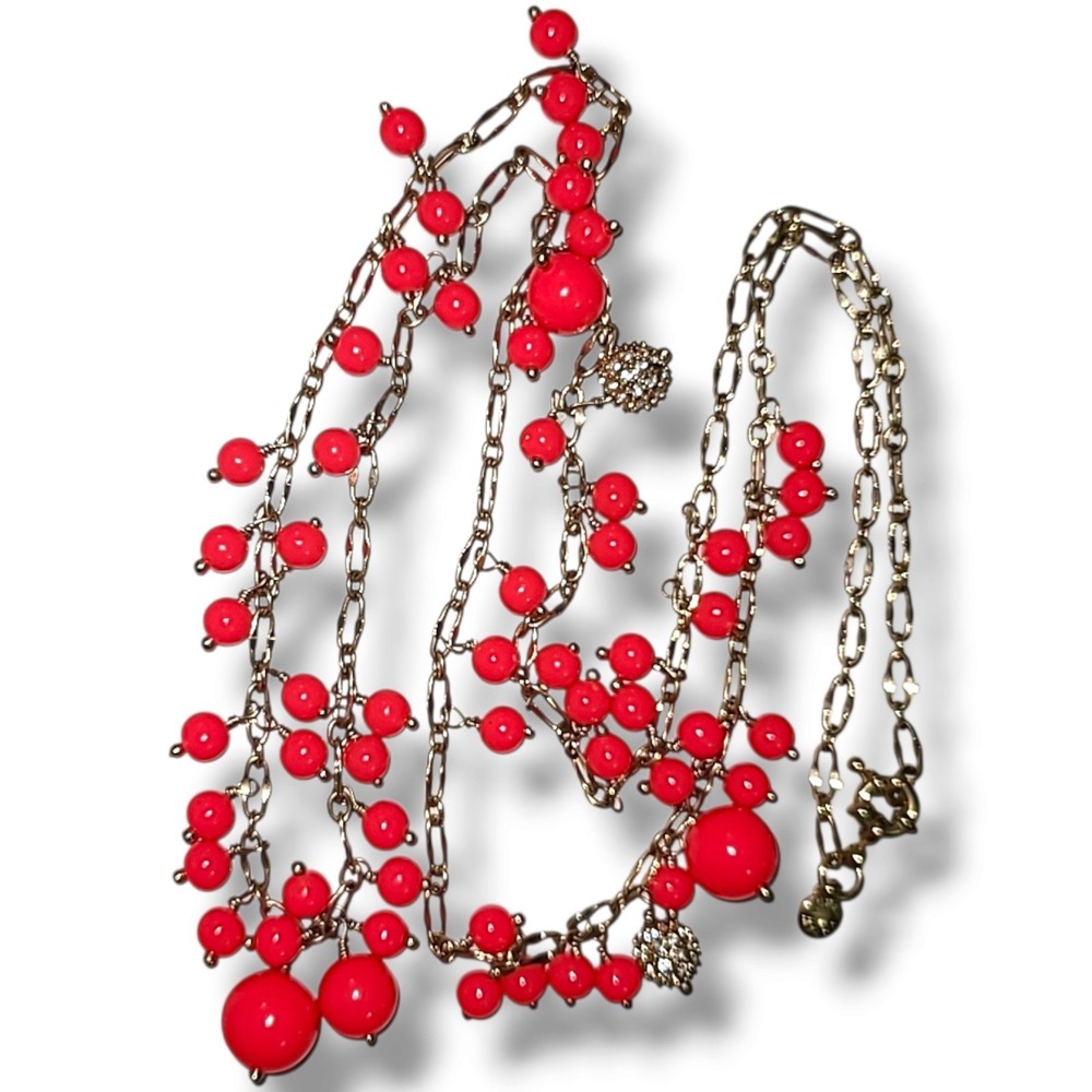J.Crew Vintage Gold Tone Pink Bead Cha Cha Long Statement Necklace 36"